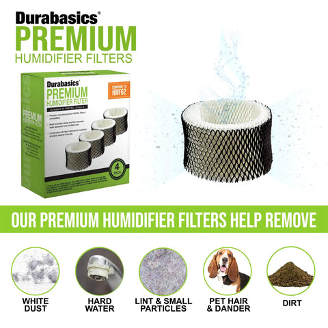 4 Pack Premium Replacement Humidifier Filters For Holmes HWF62 HWF62CS With Activated Carbon, box and individual filter shown