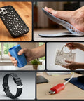 Array of 3D printed items including a phone case, insoles, cup, bag, watch strap, and adapter using Go-To Flexible 1.75mm TPU Filament For 3D Printing Dope Soft Yet Tough 95A Pro Grade 1Kg Spool Dimensional Accuracy Within 0.03mm Fits Most FDM Printers Two Pack Black.