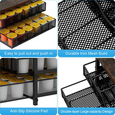 2 Tier Coffee Pod Organizer With Sliding Baskets Holds 72 K Cup Pods Built Tough Wood Top With Metal Frame Space Saving And Stackable Capsule Storage For Home Office Or Cafe Counter Black close-up details of mesh and wood design