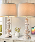 Vintage Vibe Table Lamps Set Of 2 With USB Ports and E26 Base, 28 Inches Tall Resin Bedside, Linen Drum Shade on Wooden Table