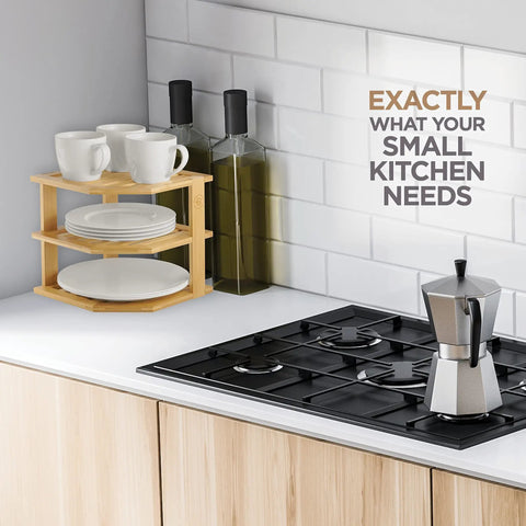 Total Kitchen Game Changer, Super Handy Bamboo Corner Shelf, 3 Tier Plate Rack, organized mugs and plates on a bamboo shelf