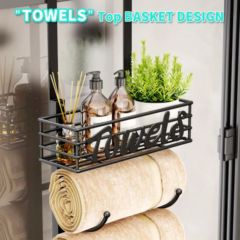 Six Tier Over The Door And Wall Mount Towel Rack With Metal Shelf Basket For Small Bathrooms Campers And RVs Black Patented Design