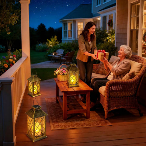 Solar Lanterns Outdoor Waterproof Garden Lanterns With Metal Leaf Pattern lighting patio scene with family gift exchange