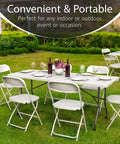 6 Foot Foldable Table With Built In Handle And Steel Legs, Heavy Duty Portable Utility Table Party Ready set outdoors with chairs