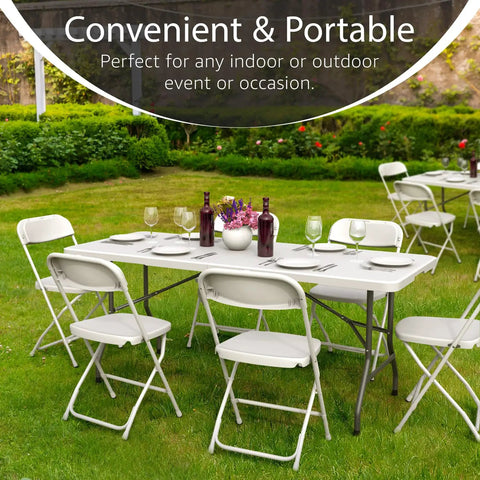 6 Foot Foldable Table With Built In Handle And Steel Legs, Heavy Duty Portable Utility Table Party Ready set outdoors with chairs