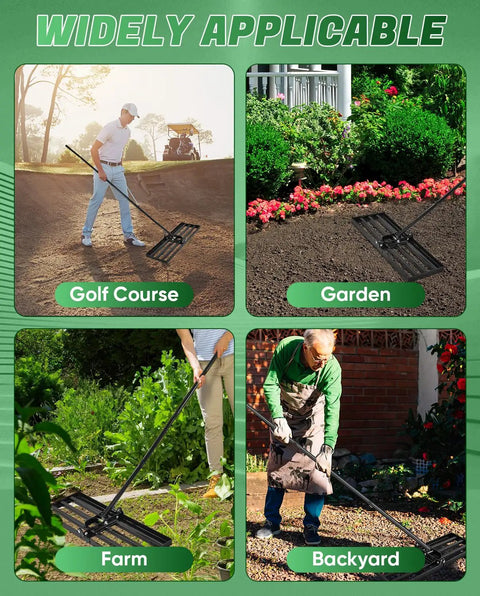 Lawn Leveling Rake For Easy Yard Work 30x10 Inch Head 73 Inch Heavy Duty Tool With Stainless Steel Handle in use on golf course, garden, farm, backyard