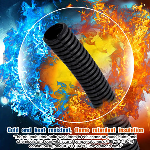 Black polyethylene split wire loom with heat and cold resistant insulation, surrounded by flames and ice illustration.