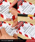 Close-up of 'Do Not Operate' tags being written and wiped, featuring bold red and black warning design for Lockout Tagout Station Kit.