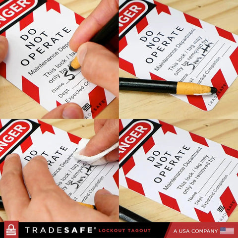 Close-up of 'Do Not Operate' tags being written and wiped, featuring bold red and black warning design for Lockout Tagout Station Kit.