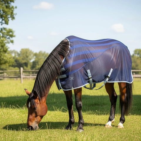 Horse wearing Dual Fabric Scrim Sheet With Mesh Fusion For Warm Weather Horse Blanket Breathable Lightweight Coverage Front Closure