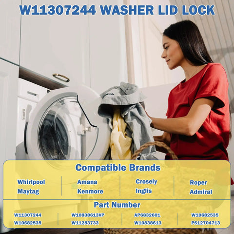 Rugged Washer Lid Lock Assembly Replacement For Whirlpool Maytag Kenmore W11307244 W10682535 with laundry in hands near washer.