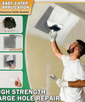 Person applying 12 Inch By 12 Inch Drywall Repair Patch Kit with Heavy Duty Self Adhesive Mesh for Large Holes and Ceiling Cracks