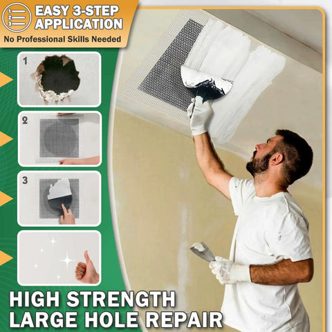 Person applying 12 Inch By 12 Inch Drywall Repair Patch Kit with Heavy Duty Self Adhesive Mesh for Large Holes and Ceiling Cracks