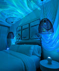 Cozy bedroom with LED Aurora Projector With Northern Lights Vibe WiFi App Control Chill Bedroom Relaxation Mood Lighting.