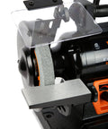 Close-up of Top Shelf 6 Inch Bench Grinder With 2.5 Amp Variable Speed Motor and Built In Work Light for sharpening blades.