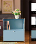 32.5 Inch Flip Top Side Table With Detachable Wheels And Large Storage, Buffet Cabinet, Corner Bookshelf, shown in blue next to sofa.
