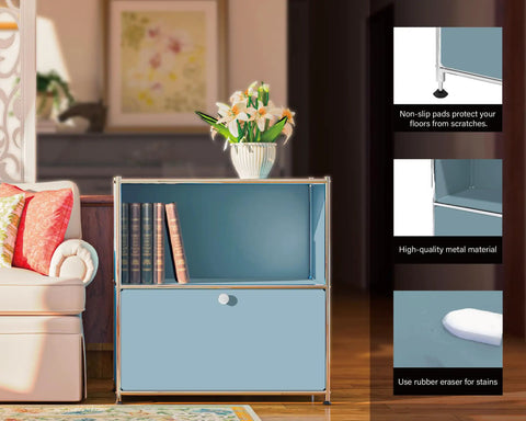 32.5 Inch Flip Top Side Table With Detachable Wheels And Large Storage, Buffet Cabinet, Corner Bookshelf, shown in blue next to sofa.