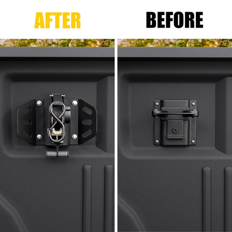 Ford F-150 Retractable Ratchet Straps 2 Pack For Secure Hauling, Auto Tie Down System installed in truck bed comparison.