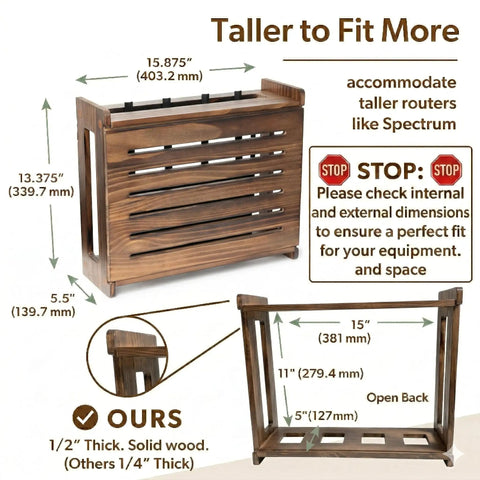 Dark Oak Router Storage Box With Wall Mount And Cable Management System fits routers up to 11 inches tall, solid wood construction.