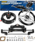 Beefed Up 200HP Hydraulic Outboard Steering Kit For Boats With Electroplated Steering Wheel, Helm Pump, Hydraulic Cylinder And 26Ft PU Hoses, Fits Most Single Outboard Pontoon, Deck, Fishing And Runabout Boats Up To 200 HP laid out with components visible