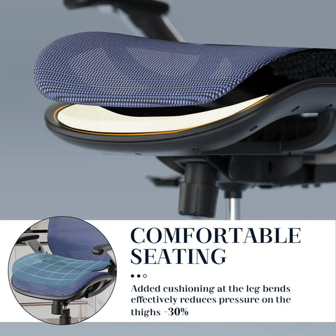 Close-up of blue mesh seat cushioning on Ergonomic Mesh Office Chair With Adjustable Headrest 90 To 120 Degree Tilt Lock