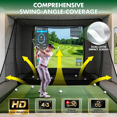 Golfer using Golf Practice Net With HD Impact Screen And Auto Ball Return, 10x8 ft setup indoor with steel frame, lush green lawn