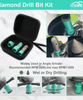 Pro Grade Heavy Duty Diamond Core Drill Bits and Chamfer Bit Set for Porcelain Tile Ceramic Marble Brick Concrete Three Piece Includes 20mm and 35mm Bits for Dry or Wet Drilling Five Eighths Eleven Thread displayed with carrying case and usage examples.