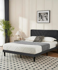 Queen Size Platform Bed Frame With Velvet Headboard And Wing Edge Design Crafted From Solid Wooden Slats For Legit Noise Free Rest No Box Spring Needed Straight Up Easy Assembly Matte Black Finish in stylish bedroom setting.