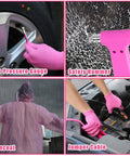 Pink Car Emergency Kit For Women with jumper cables, tire pressure gauge, safety hammer, and pink raincoat in use