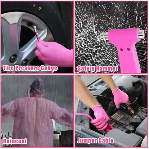Pink Car Emergency Kit For Women with jumper cables, tire pressure gauge, safety hammer, and pink raincoat in use