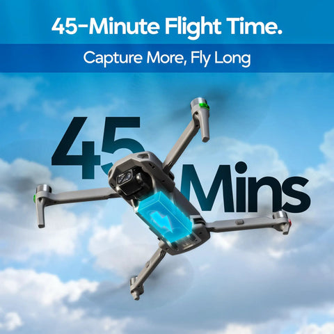 AI Guided 4K Drone With Camera For Adults, FAA Approved, 360 Degree Obstacle Avoidance, showing 45-minute flight time in the sky
