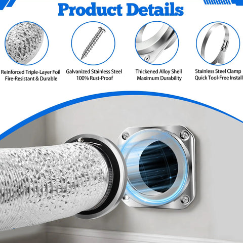 Magnetic Dryer Vent Connector Kit with snap to connect magnetic coupling and 4 inch flexible foil duct for lint cleaning