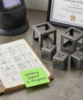 24 Pcs Welding Coupons 3x3 And 2x2 Inch 11 Gauge Mild Steel Practice Cubes For TIG MIG Arc Stick Welding Training Kit on a desk