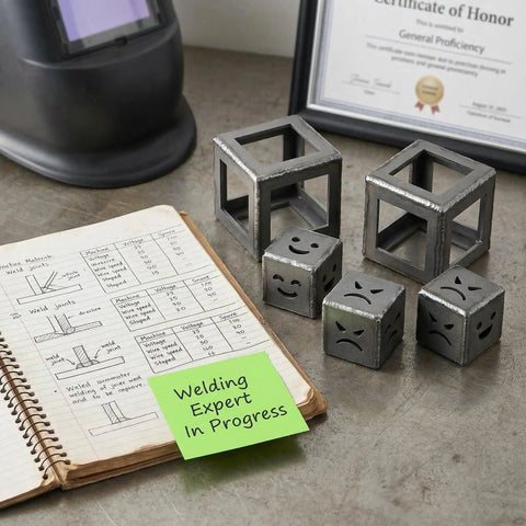 24 Pcs Welding Coupons 3x3 And 2x2 Inch 11 Gauge Mild Steel Practice Cubes For TIG MIG Arc Stick Welding Training Kit on a desk