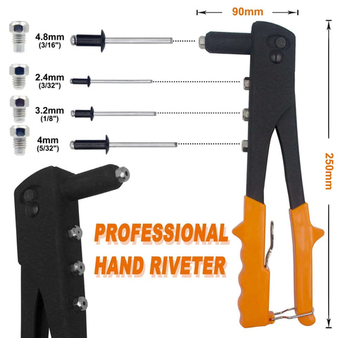 225 Piece Black Aluminum Blind Rivets Assortment Kit With Workhorse Hand Riveter and various size pop rivets tool