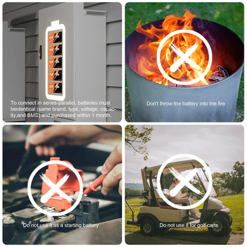 Safety warnings for High Capacity 24V 100Ah LiFePO4 Battery With Built In 100A BMS 2560Wh 10000 Plus Deep Cycles Rechargeable