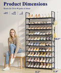 Go-To Heavy Duty 10 Tier Shoe Rack, Tall Entryway Organizer Holds Up To Forty Pairs, Built-In Side Hooks For Backpacks And Daily Essentials, Roomy Floor Shelf Stand In Matte Black with dimensions displayed.