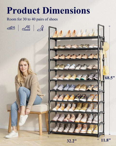 Go-To Heavy Duty 10 Tier Shoe Rack, Tall Entryway Organizer Holds Up To Forty Pairs, Built-In Side Hooks For Backpacks And Daily Essentials, Roomy Floor Shelf Stand In Matte Black with dimensions displayed.