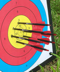Four 7.5 inch R9 crossbow bolts carbon arrows with 2 inch red vanes on target