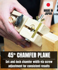 Pro Grade 45 Degree Chamfer Hand Plane For Real Woodworkers With Dead Simple Adjustments Razor Sharp Skewed Blades Plus Rugged Brass Sole For Knockout Edges You Can Truly Trust, held in hand with screw adjustment.