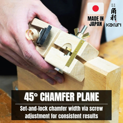 Pro Grade 45 Degree Chamfer Hand Plane For Real Woodworkers With Dead Simple Adjustments Razor Sharp Skewed Blades Plus Rugged Brass Sole For Knockout Edges You Can Truly Trust, held in hand with screw adjustment.
