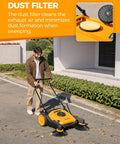 Kick Serious Dust With This Heavy Duty Manual Floor Sweeper Designed For Warehouses And Shops Featuring A 41 Inch Wide Commercial Push Broom That Runs Whisper Quiet And Cuts Through Grit Fast, shown in use outdoors.