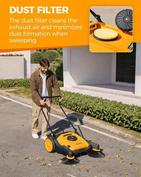 Kick Serious Dust With This Heavy Duty Manual Floor Sweeper Designed For Warehouses And Shops Featuring A 41 Inch Wide Commercial Push Broom That Runs Whisper Quiet And Cuts Through Grit Fast, shown in use outdoors.