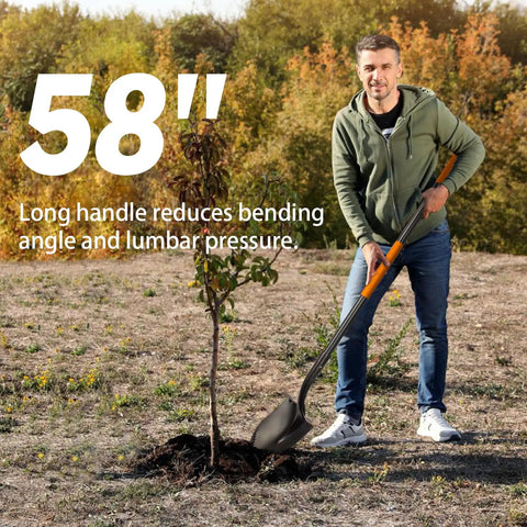Man using Heavy Duty Workhorse Shovel With 58 Inch Length, Rust Resistant High Carbon Steel Blade, Fiberglass Handle With Riveted Bond