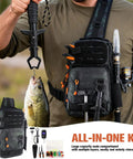 Man holding fish with All In One Fishing Backpack With Rod Holder And Tackle Boxes 113 Piece Gear Kit, black and green, outdoors.