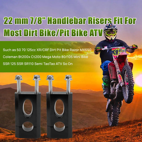 7/8 Inch Handlebar Risers Clamp For Dirt Bikes And Mini Bikes 22mm Mount, black aluminum, shown with a rider jumping.