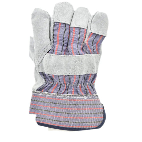 Cowhide Leather Work Gloves With Suede Finish Palm And Rubberized Safety Cuff, stack of 5 pairs showing cotton back and cuff detail