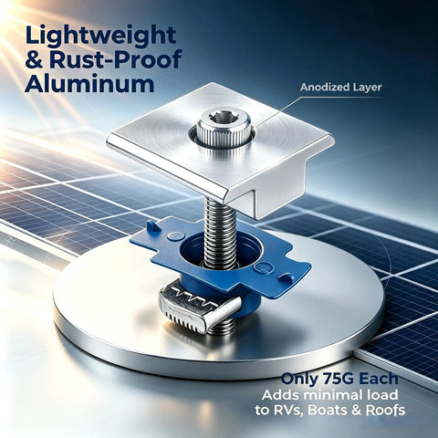 20Pcs Solar Panel Mid Clamps For 30Mm And 35Mm Panels aluminum mount bracket with blue clamp and bolt for RV and marine use.