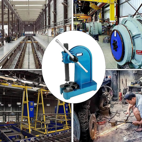 Heavy Duty 2 Ton Manual Arbor Press Desktop Punch Machine With Kickass Cast Iron Frame And Smooth Handwheel, blue color, used for metal stamping.