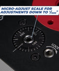 Pro Grade Heavy Duty Pocket Hole Jig For Woodworkers showing micro-adjust scale for precise drill press adjustments.